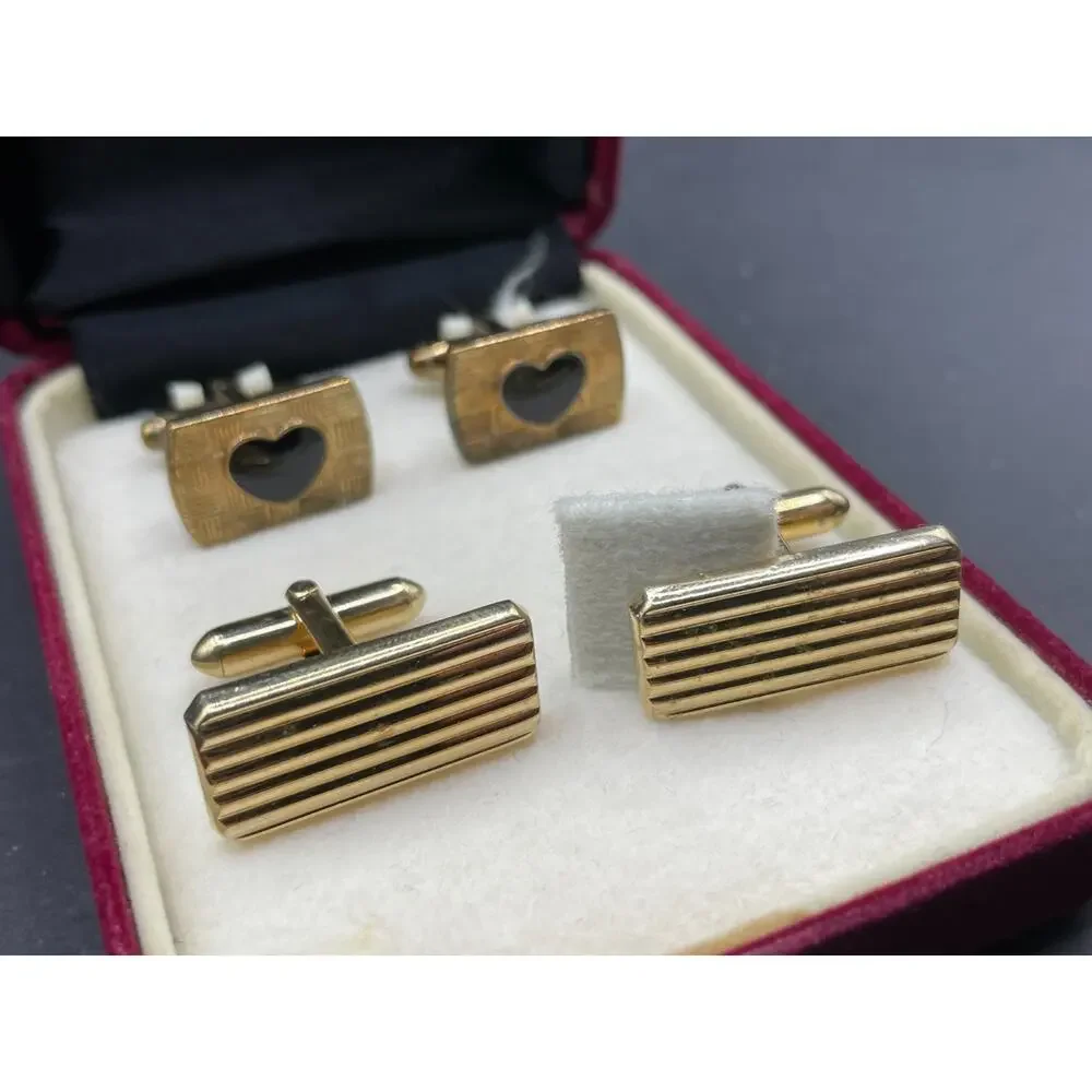 Swank & Fratello Men's Cufflinks Tie Clip Gold Tone Black Enamel Heart Lot of 2